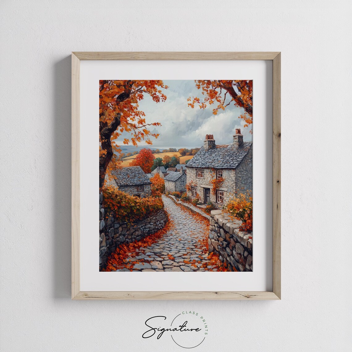 Autumn Village Cobblestone Street Stone Houses Orange Trees Poster - Image 3