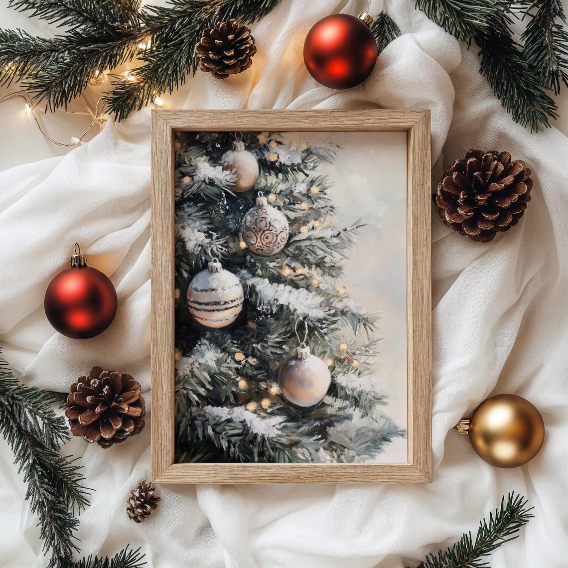 Blush Ornaments On Snowy Christmas Tree Branches Close Up Poster - Image 4