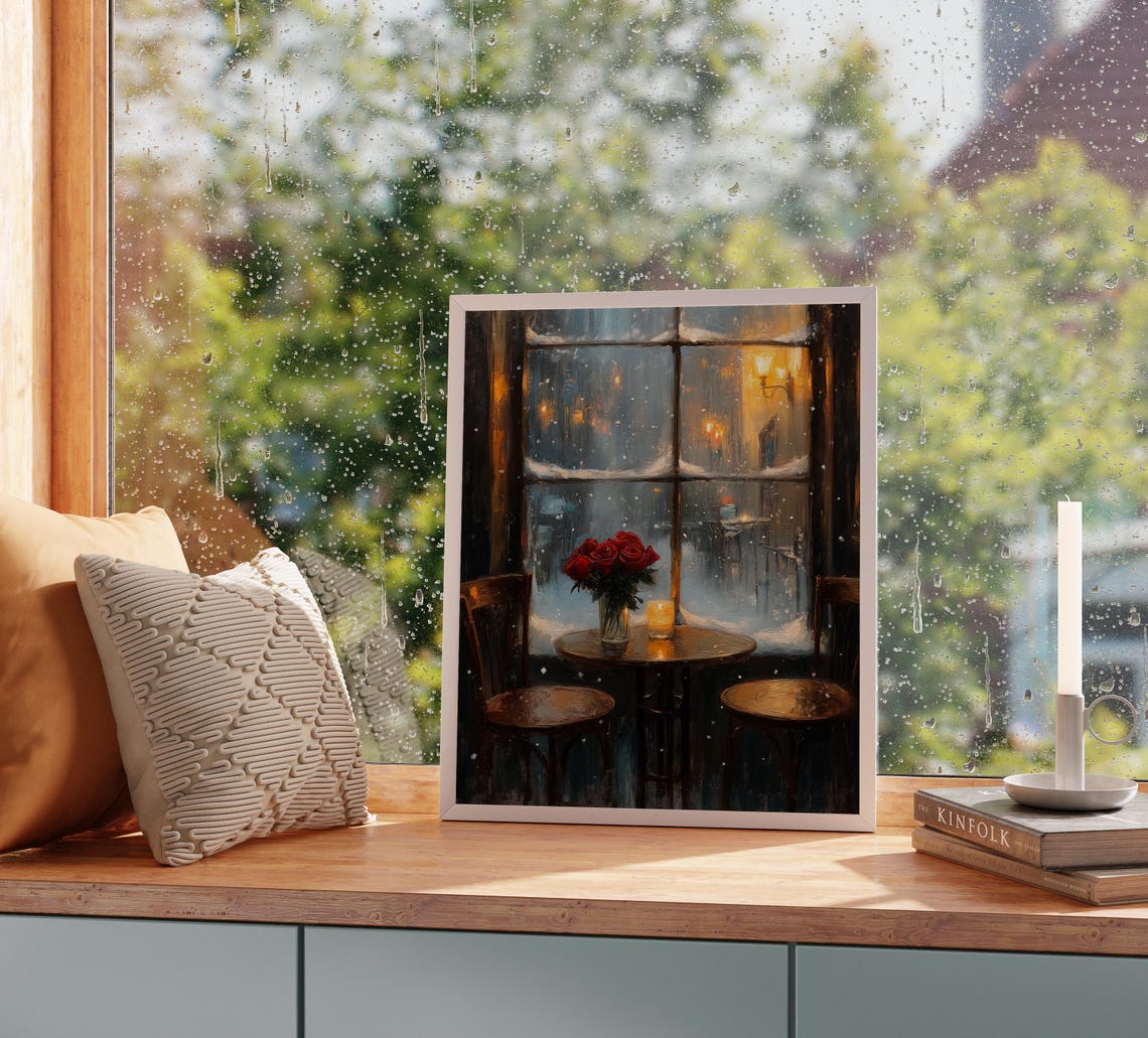 Warm Cafe Window Candlelight Roses Snowy Night Romantic Painting Print - Image 3