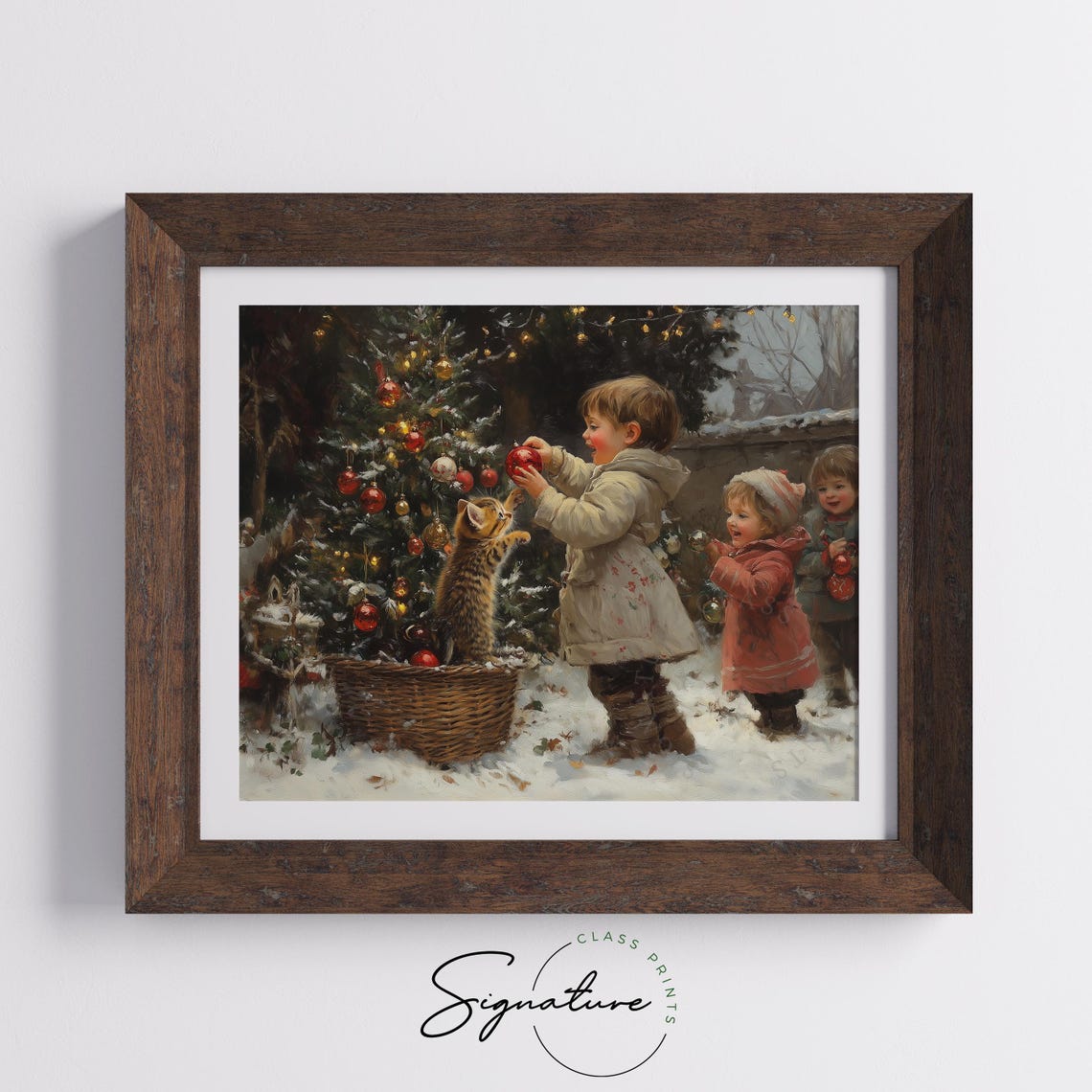 Children and a Kitten Decorating a Small Christmas Tree in Snow Poster - Image 5