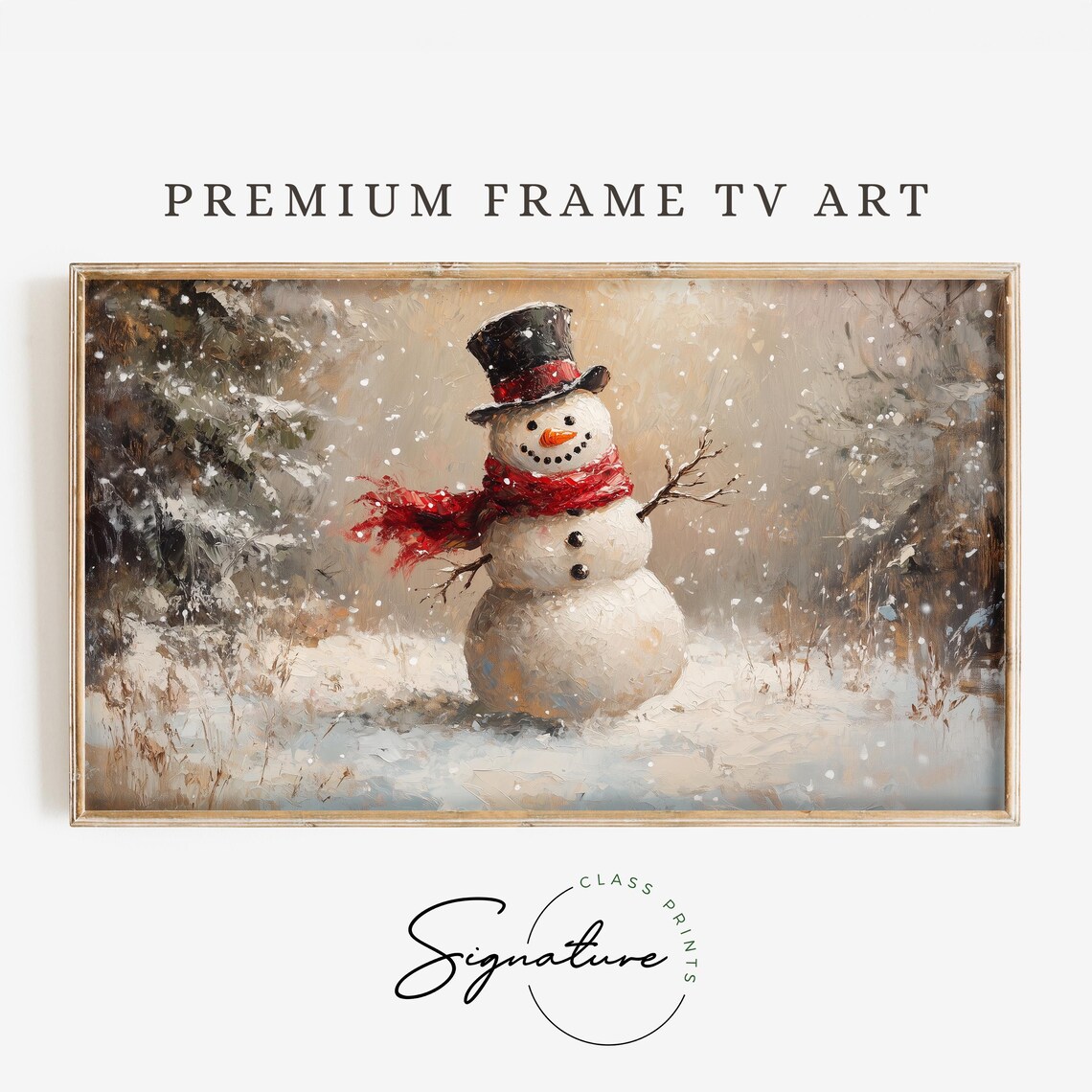Snowman With Top Hat and Red Scarf in Snowy Forest Holiday Art Poster
