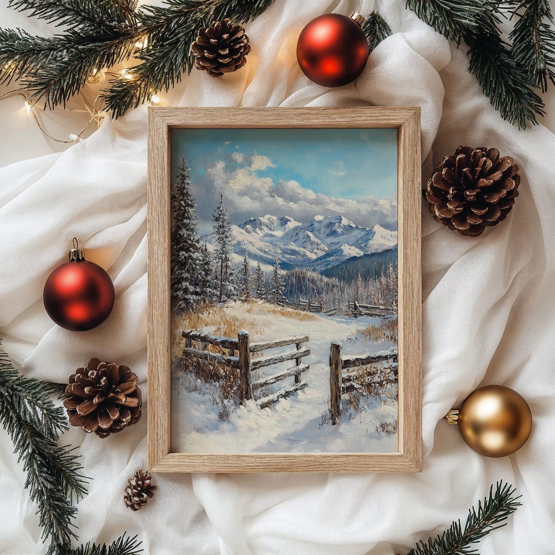 Snowy Alpine Mountain Gate Fence Oil Painting Style Winter Poster - Image 4