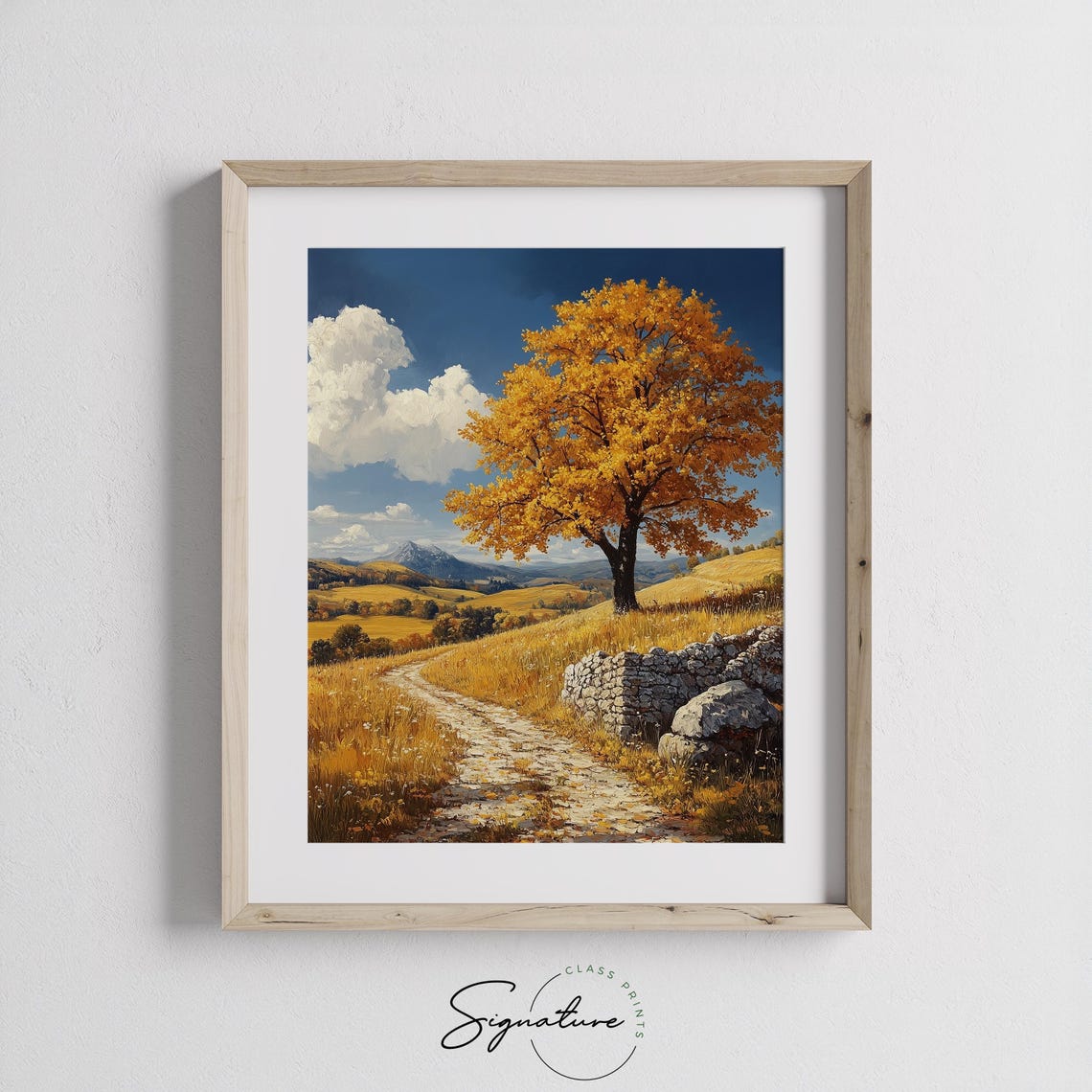 Golden Autumn Tree Lone Hillside Path Mountain View Oil Art Poster - Image 3