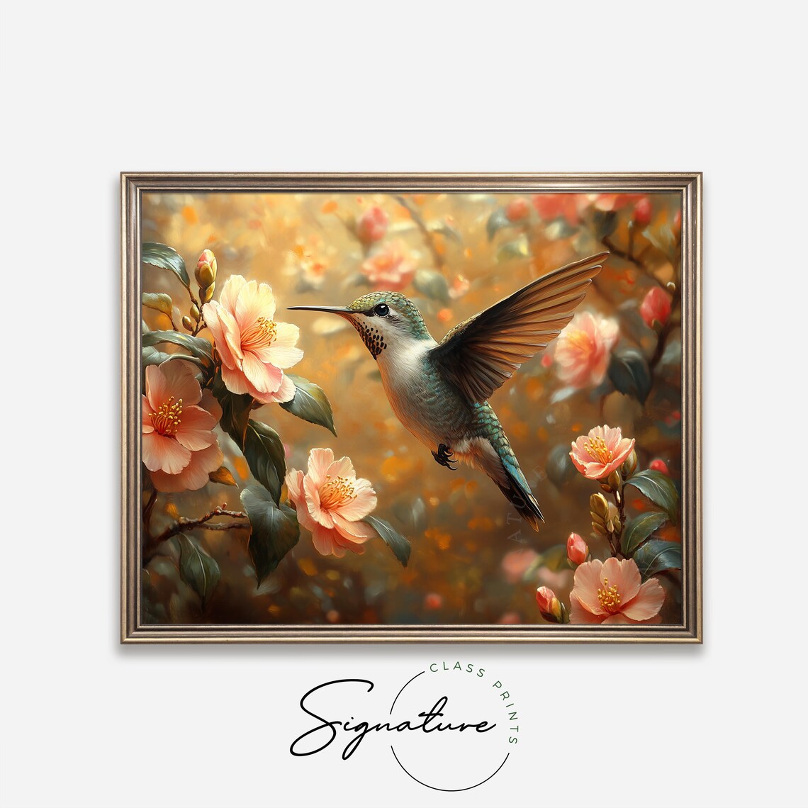 Hummingbird Among Peach Camellia Blossoms Golden Floral Wall Art - Image 4