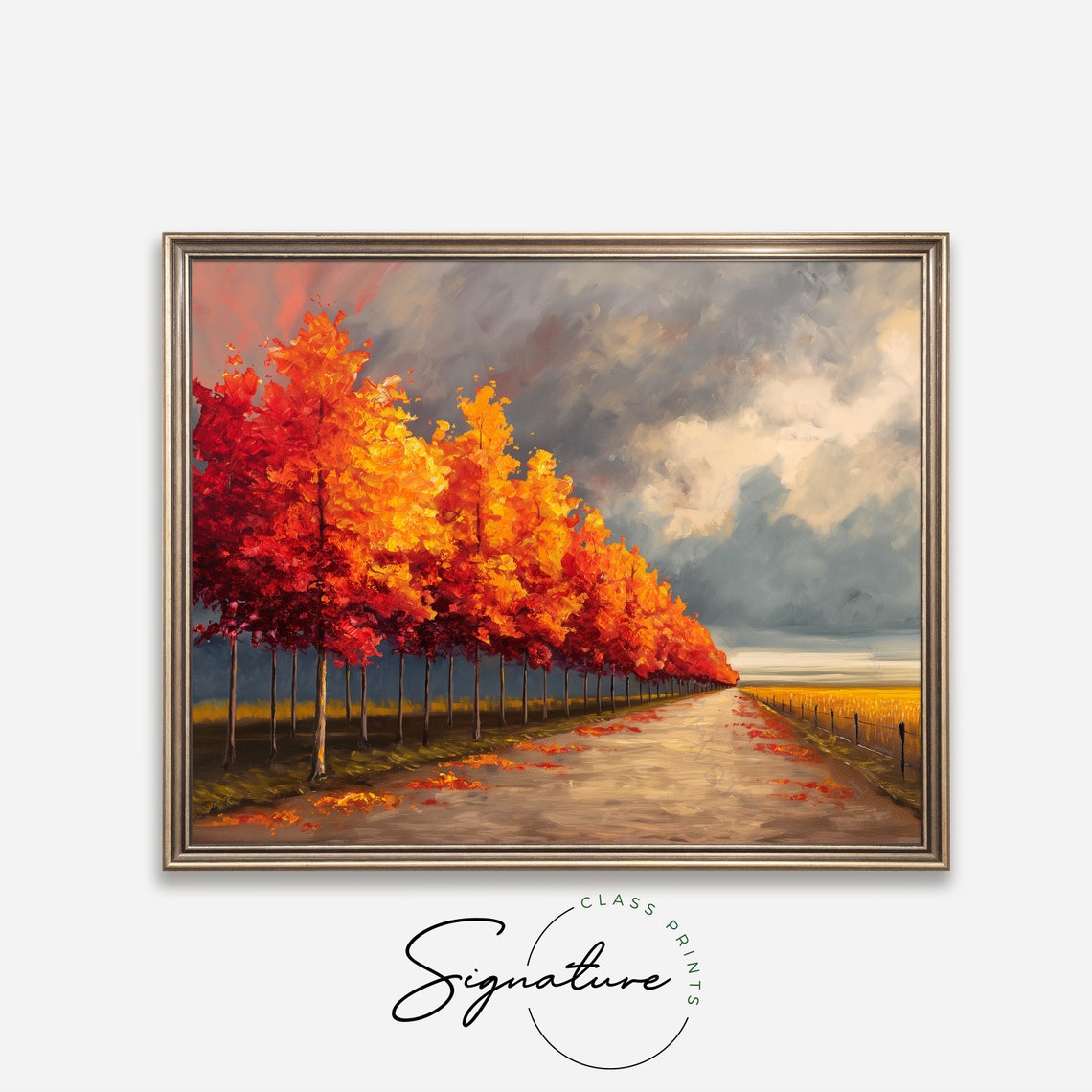 Fiery Maple Avenue Beside Dirt Road Dramatic Cloudscape Poster - Image 4
