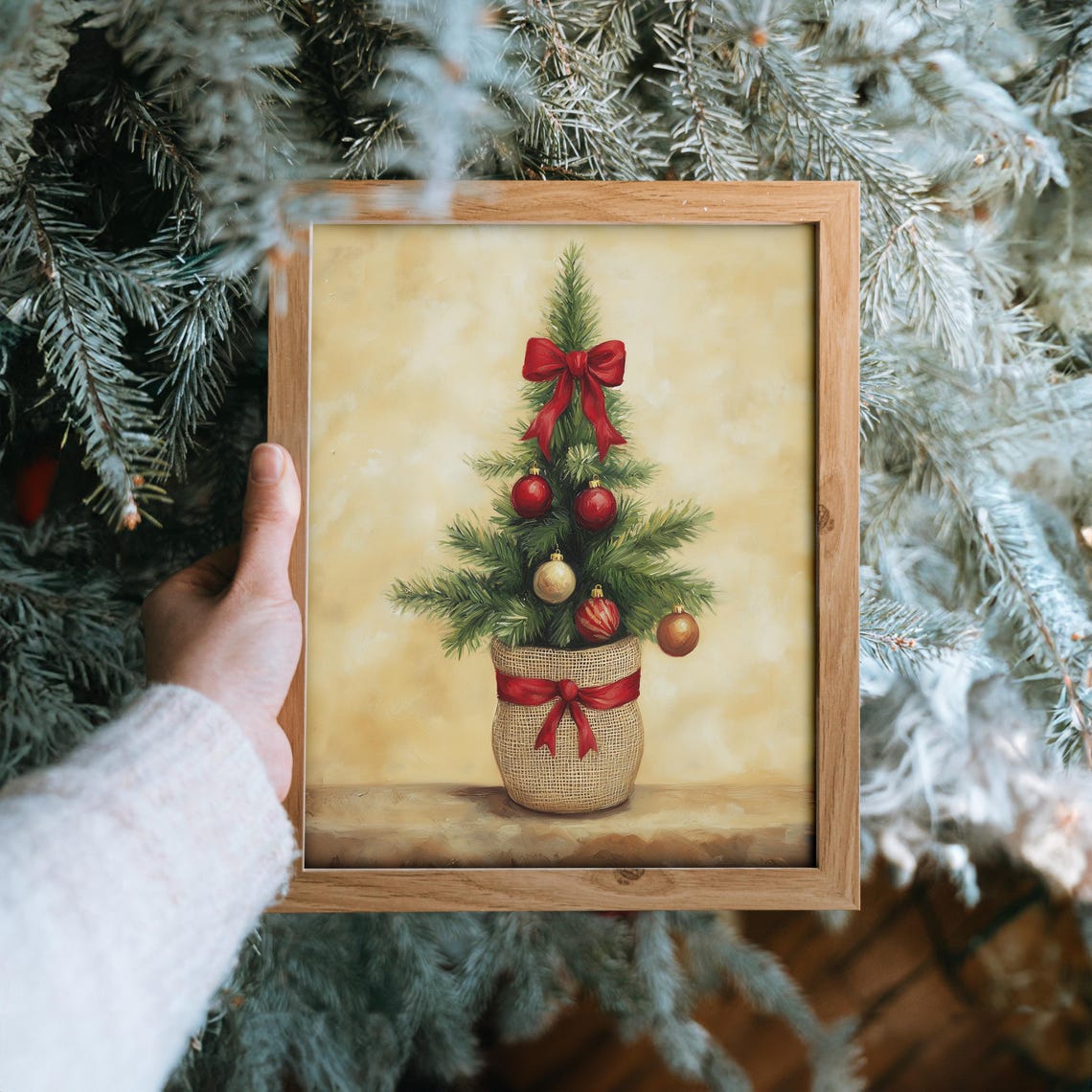Mini Christmas Tree In Burlap Pot With Red Bow And Baubles Poster - Image 6