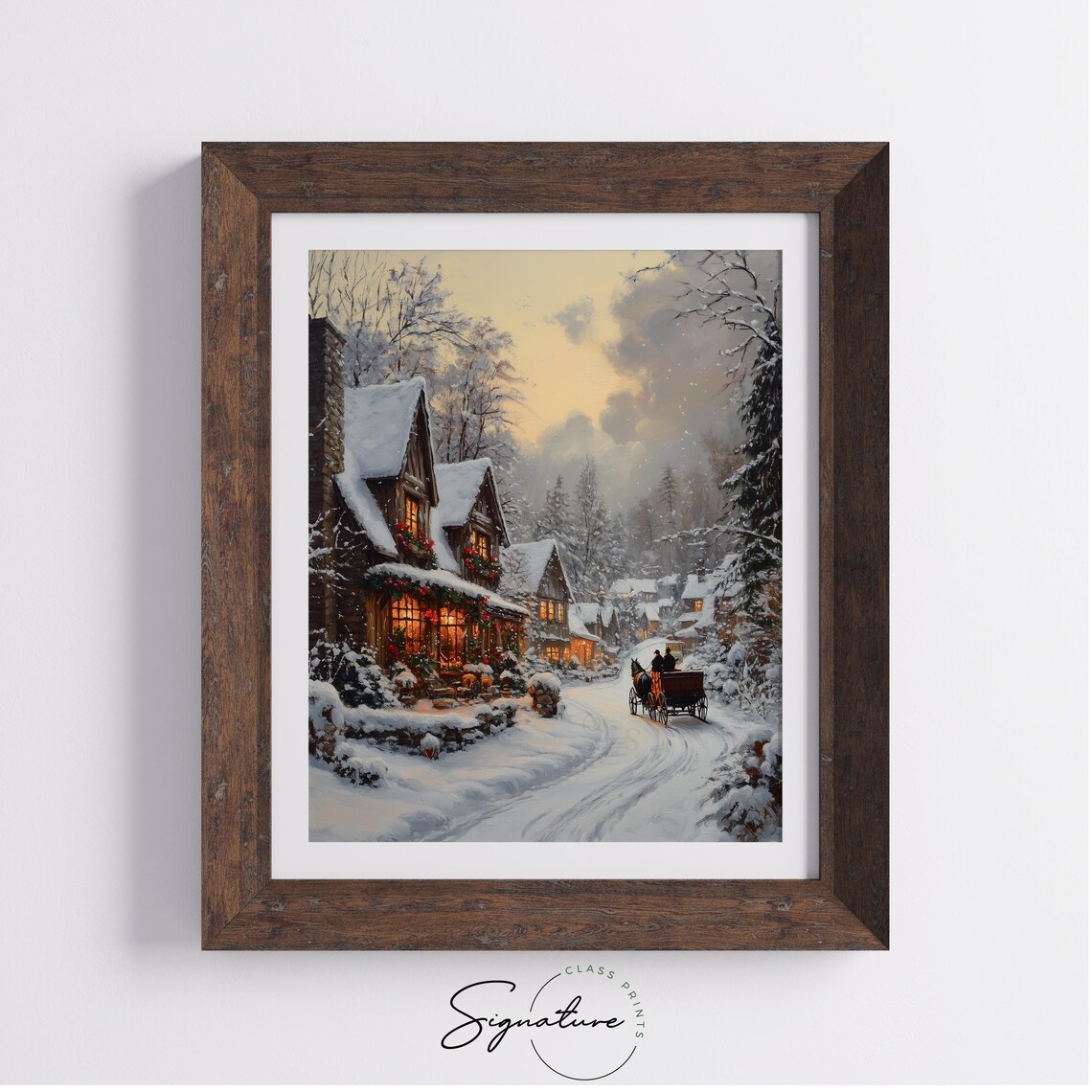 Christmas Village Street with Horse Carriage on Snowy Night Poster - Image 3