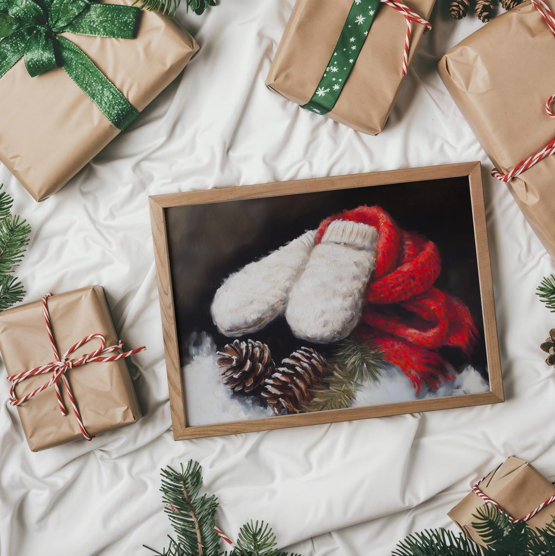 Cozy White Knit Mittens With Red Scarf And Pinecones Winter Poster - Image 2