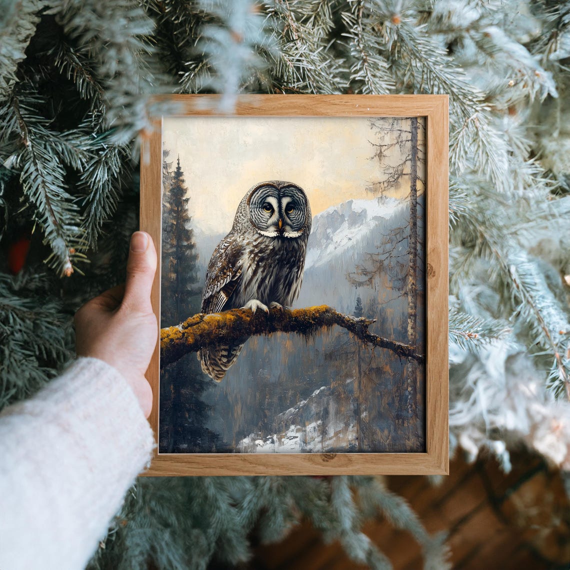 Majestic Great Grey Owl Snowy Mountain Branch Wildlife Art Poster - Image 6