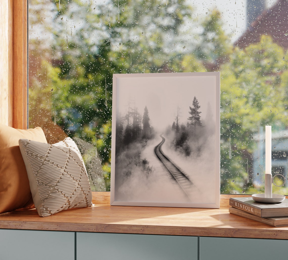 Old Railway Tracks Curving Through A Foggy Forest Misty Poster - Image 2