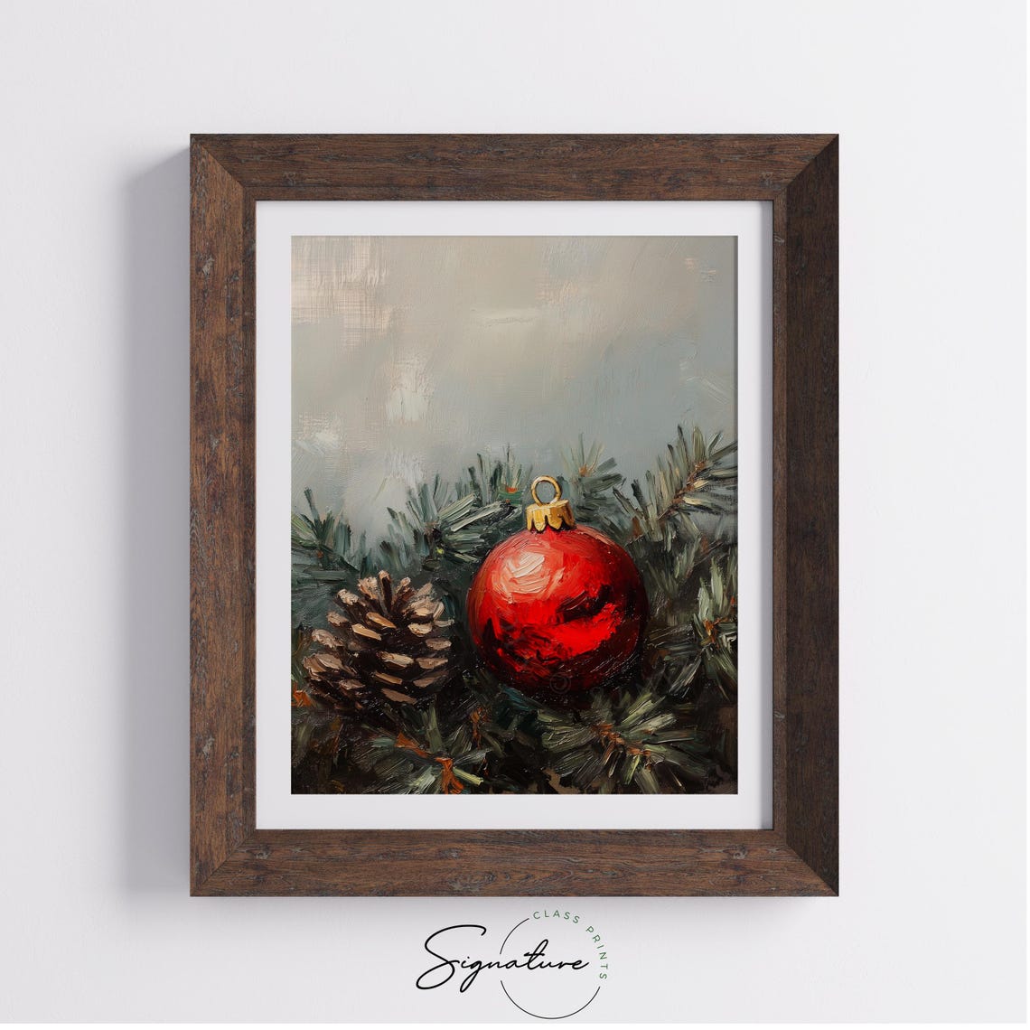 Red Christmas Ornament and Pinecone on Evergreen Branches Poster - Image 3