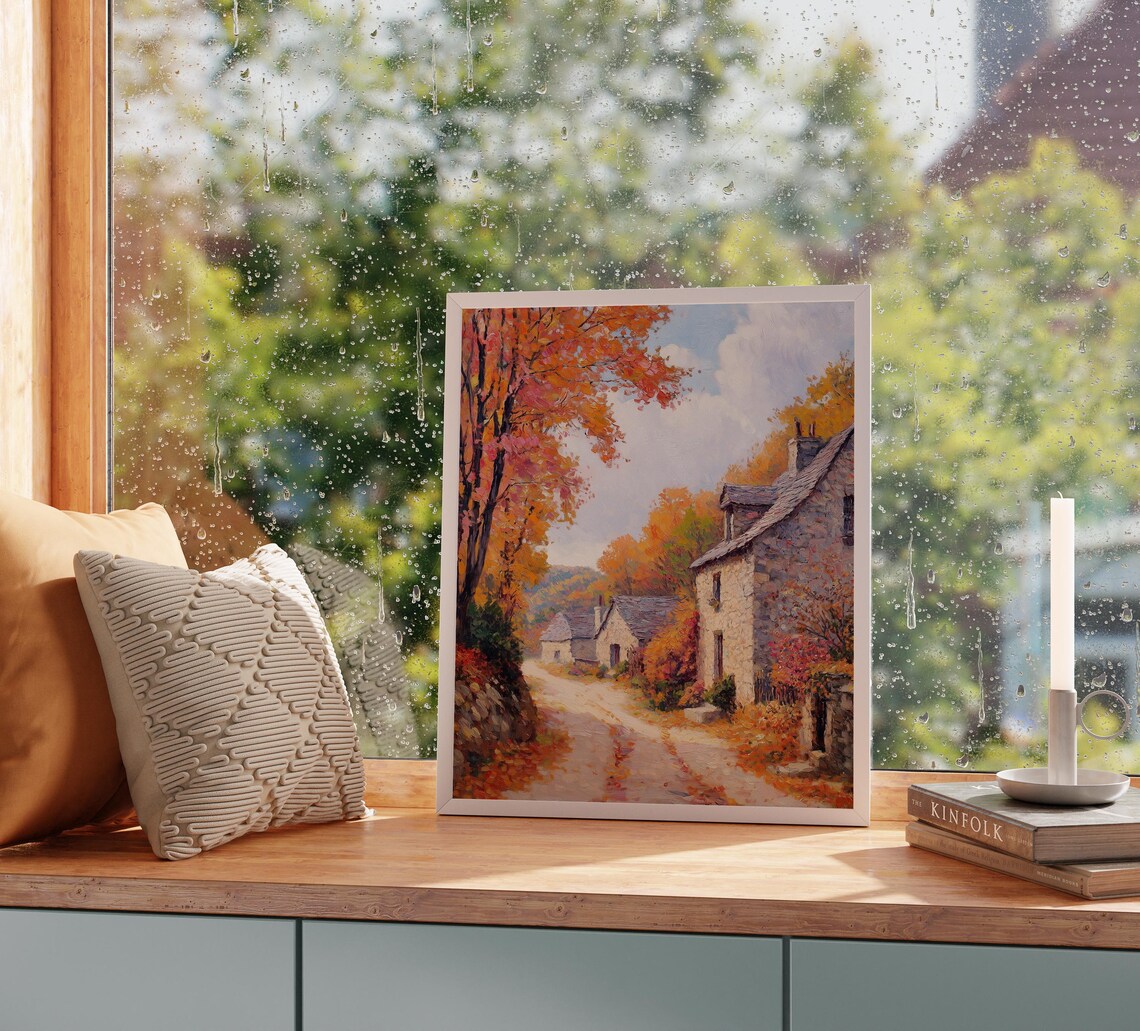Quaint Village Street Autumn Stone Cottages Fall Village Scene Poster - Image 2