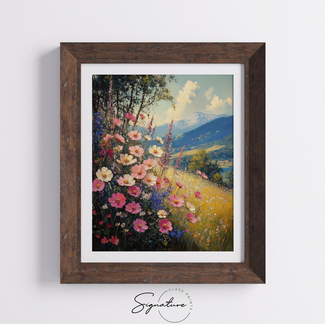 Vibrant Pink Wildflower Meadow Mountain Landscape Art Poster - Image 2