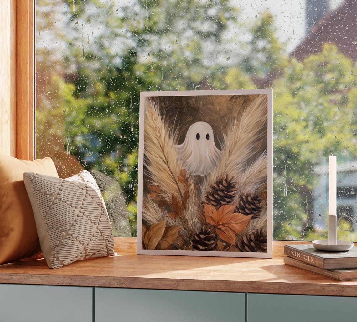 Ghost Hiding in Pampas Grass with Pinecones and Fall Leaves Poster - Image 2