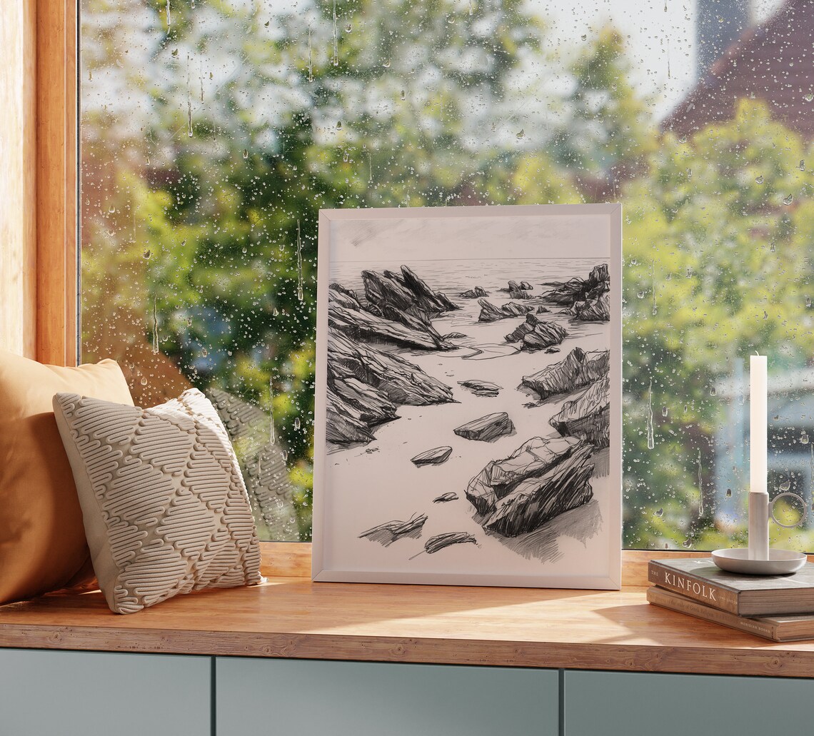 Rocky Shoreline At Low Tide Monochrome Coastal Sketch Ocean Poster - Image 2