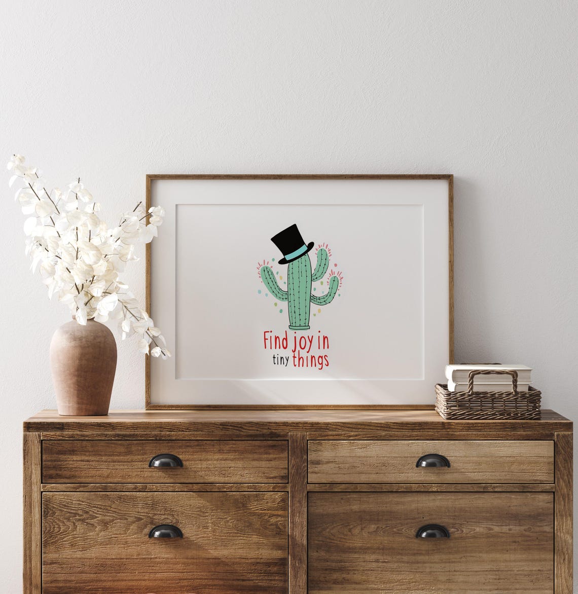 Find Joy In Tiny Things Cute Cactus Top Hat Mid Century Quote Wall Art - Image 2