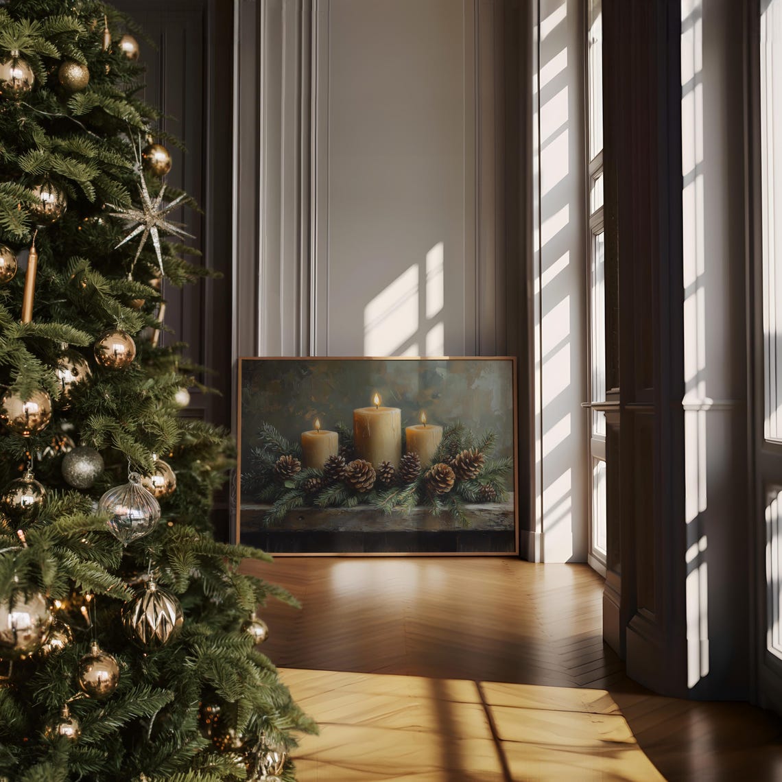 Glowing Pillar Candles with Pinecones and Evergreen Garland Poster - Image 6