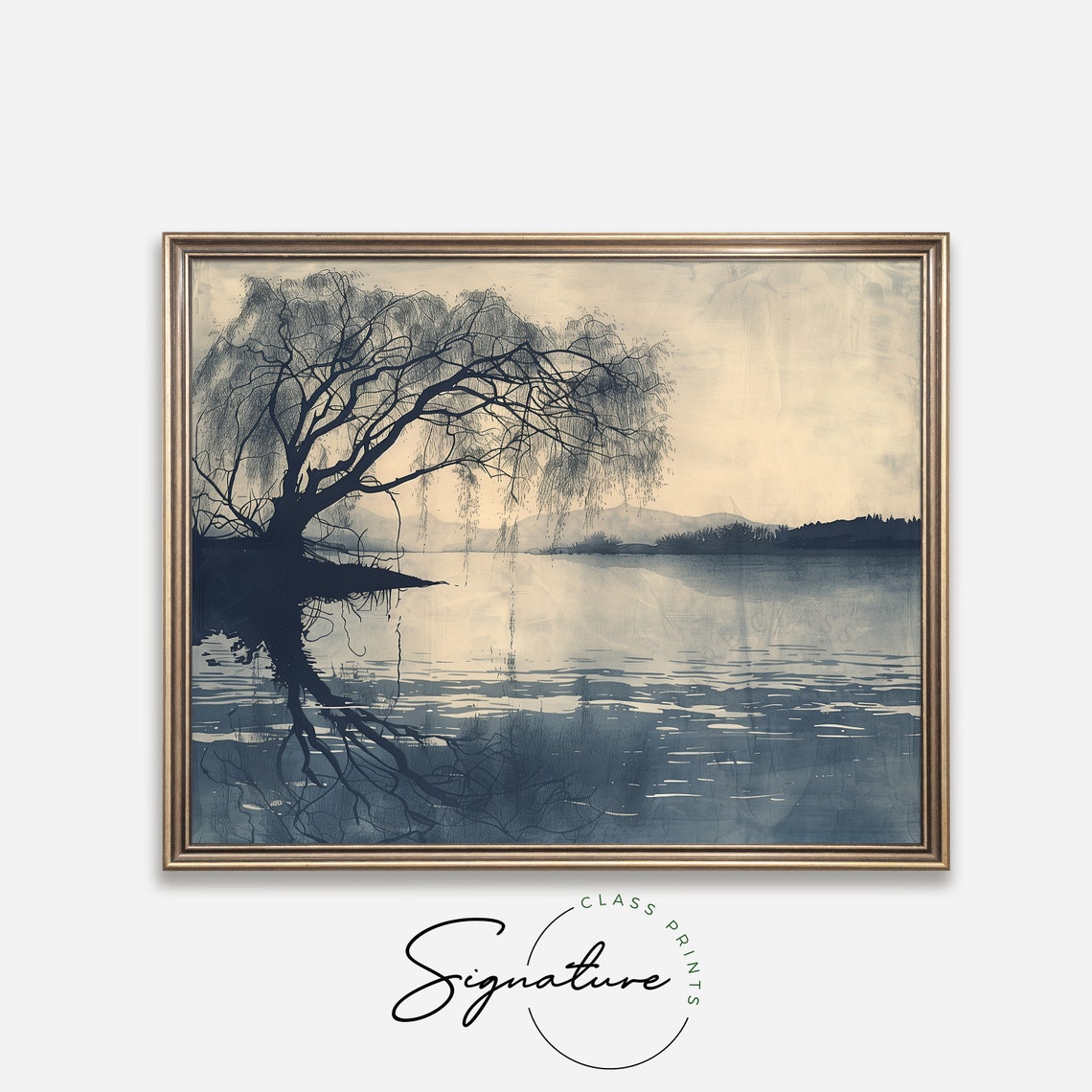 Willow Tree Over Calm Lake in Blue Grey Tones Vintage Art Poster - Image 4