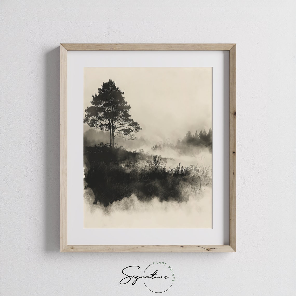 Lone Pine Tree In Morning Haze Misty Meadow Monochrome Poster - Image 3