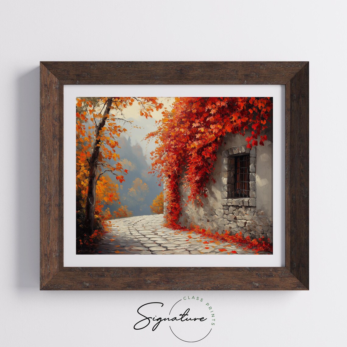 Cobblestone Lane Past Stone Wall Covered in Crimson Autumn Ivy Wall Art - Image 5