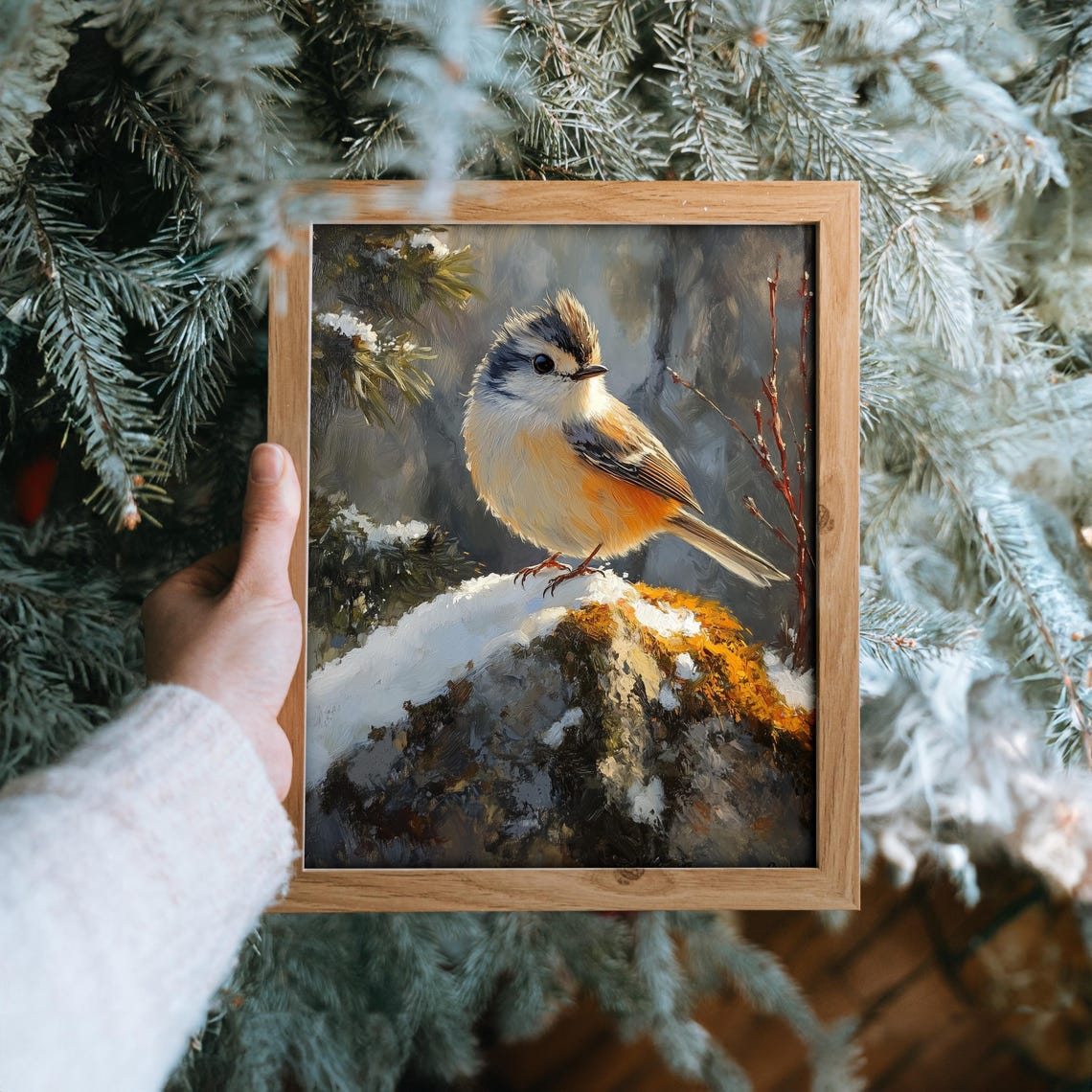 Small Crested Bird on Snowy Rock Winter Wildlife Oil Painting Print - Image 6