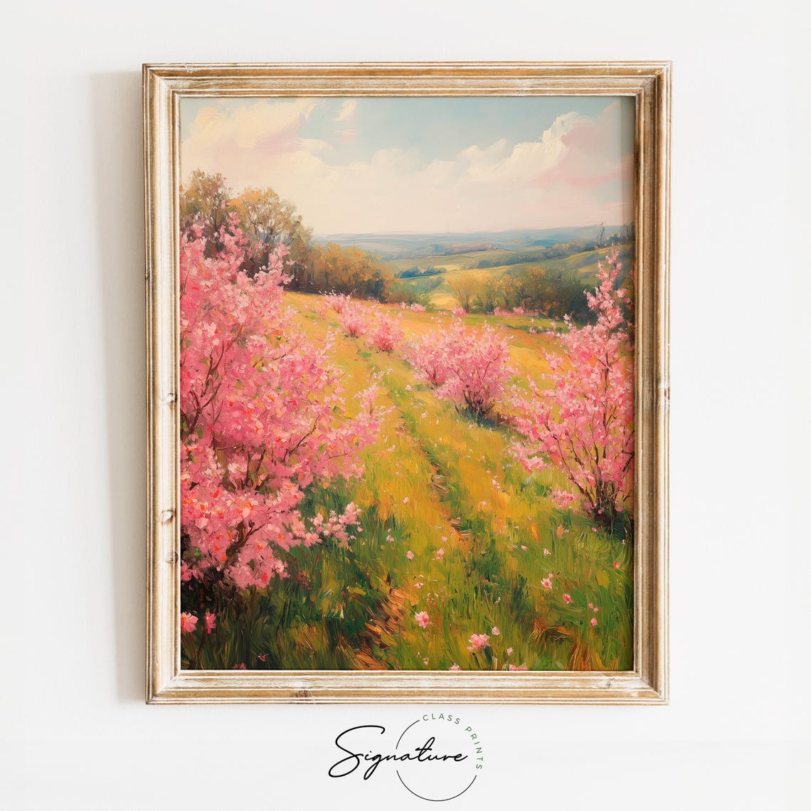 Pink Blossoms On Lush Hillside Romantic Spring Meadow Landscape Poster