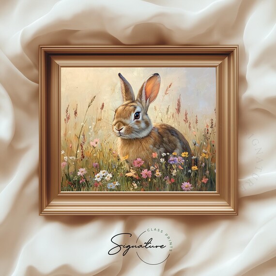 Brown Rabbit Sitting in Wildflowers Spring Meadow Bunny Art Poster