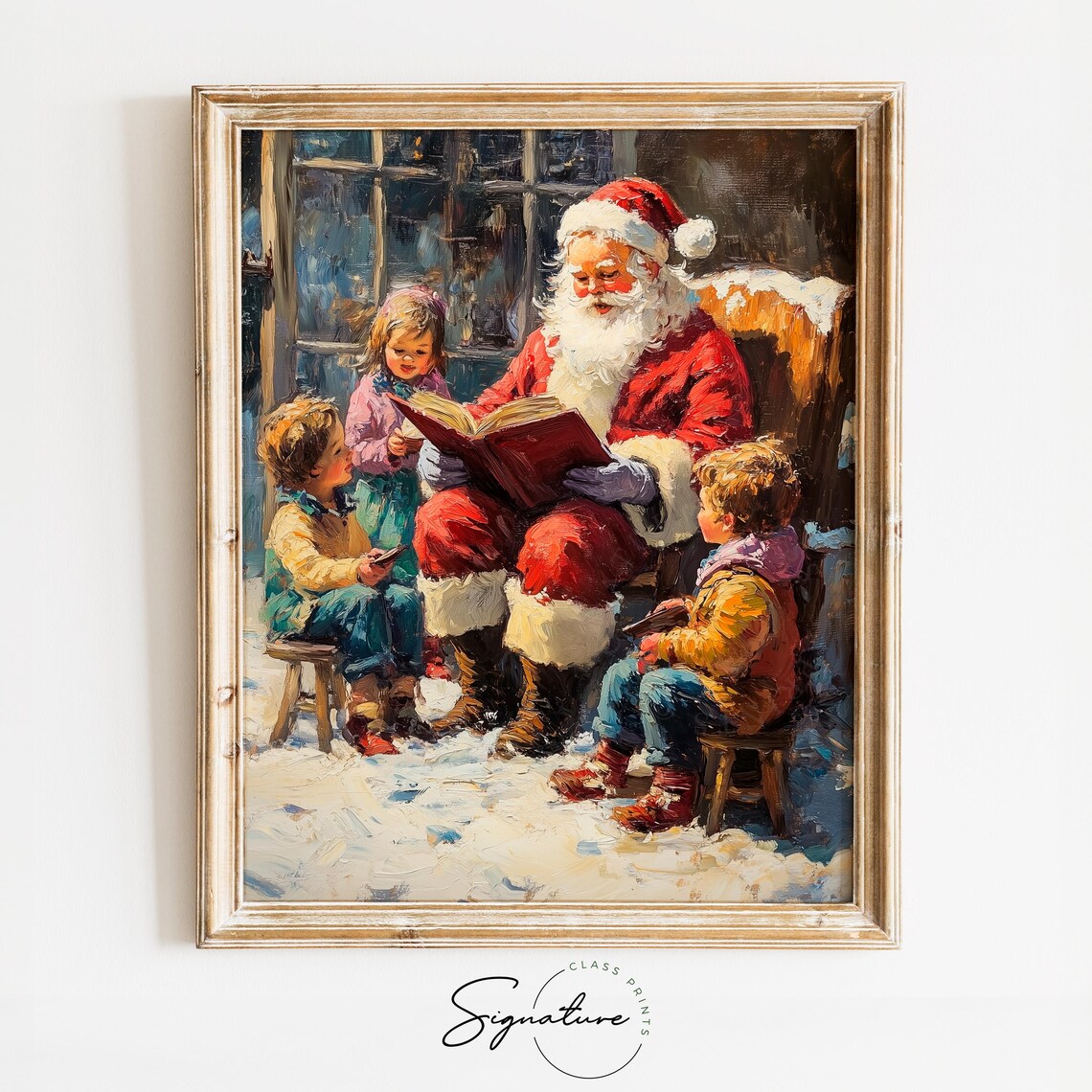 Santa Claus Reading Stories to Children in the Snow at Night Poster