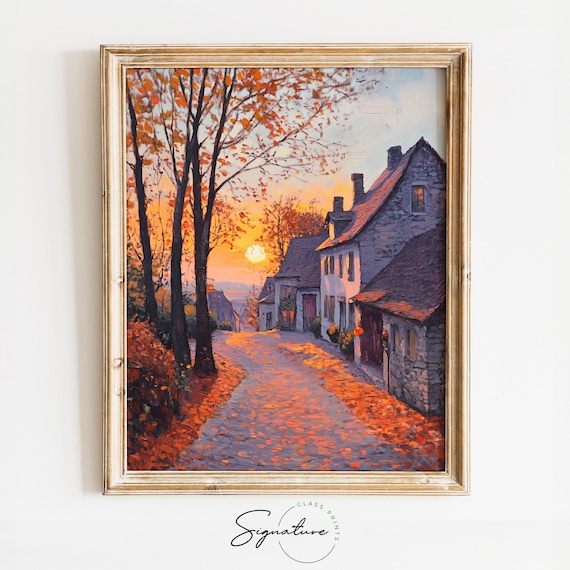 Old Stone Village Street Glowing at Sunset Beneath Autumn Trees Poster