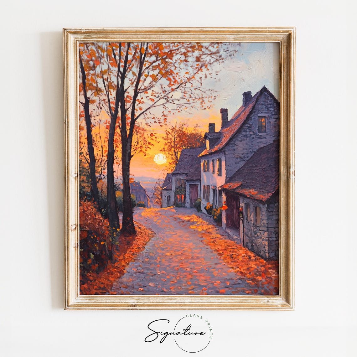 Old Stone Village Street Glowing at Sunset Beneath Autumn Trees Poster