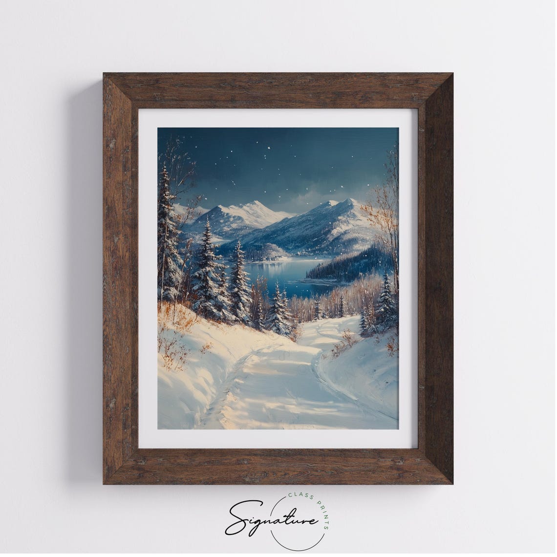 Snowy Mountains at Night over Blue Lake under Starry Winter Sky Poster - Image 3