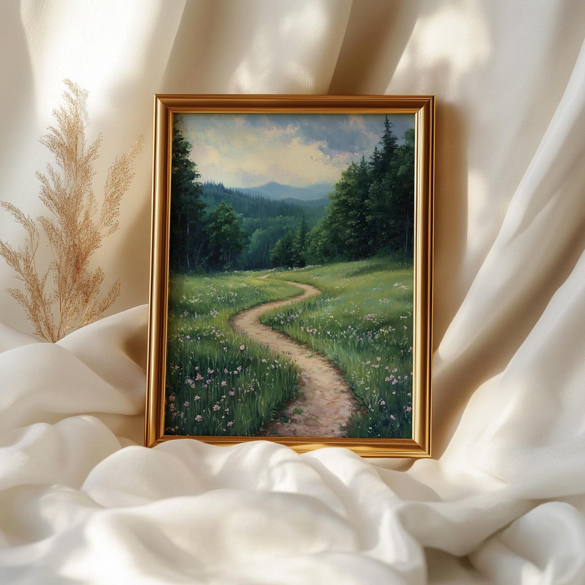Winding Path Through Green Meadow To Pine Forest Landscape Painting - Image 2