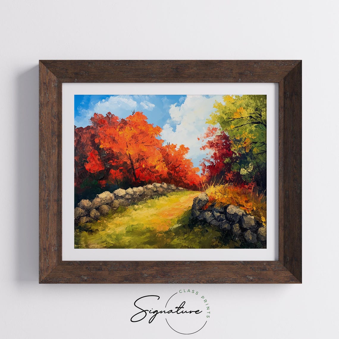 Sunlit Stone Wall Pathway Through Vibrant Autumn Trees Poster - Image 5