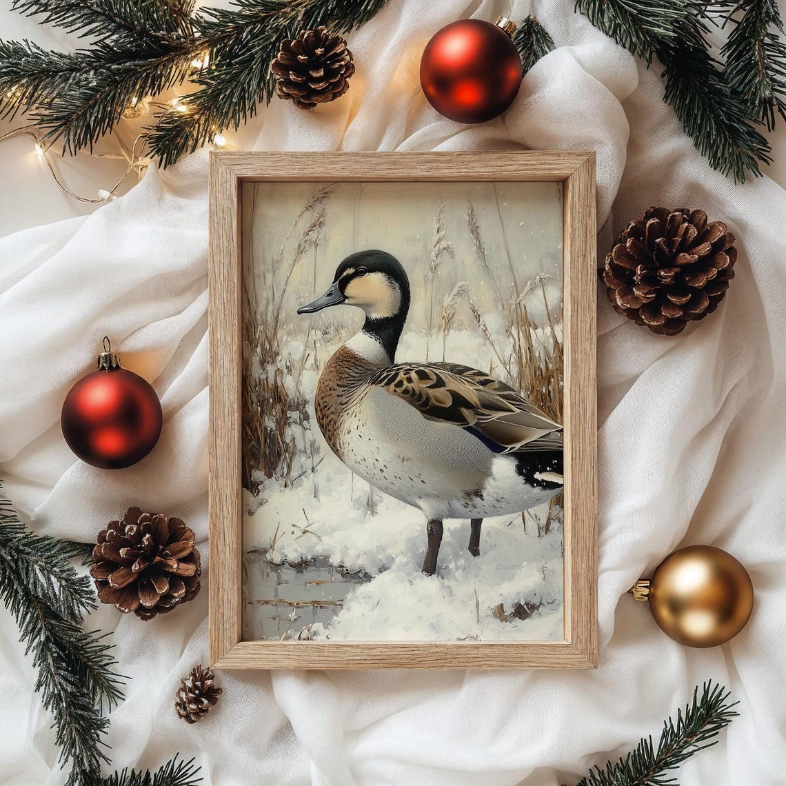 Duck Standing in Snowy Marsh Reeds Winter Wildlife Scene Art Poster - Image 4