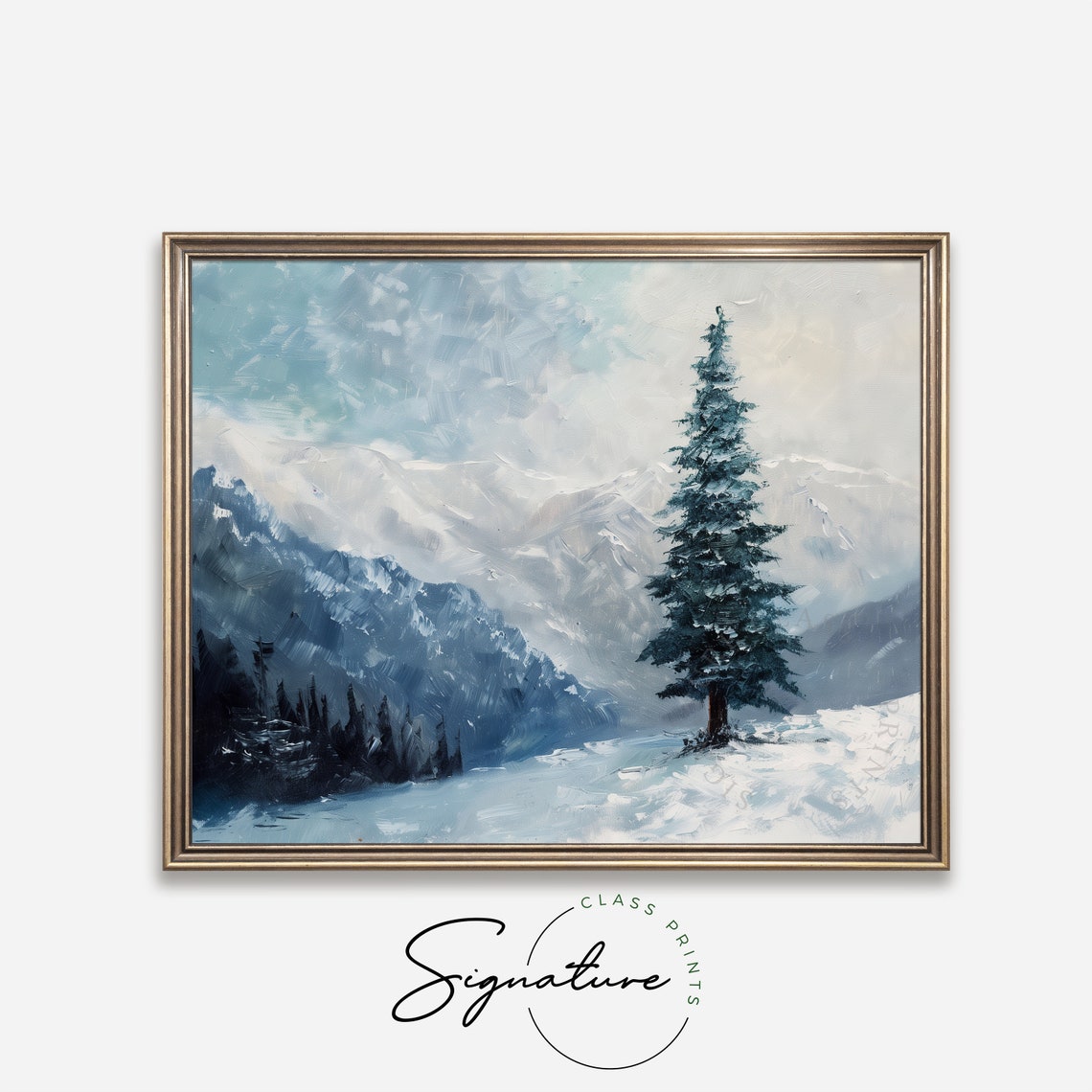 Tall Lone Spruce Before Blue Mountain Winter Snow Scene Poster - Image 4