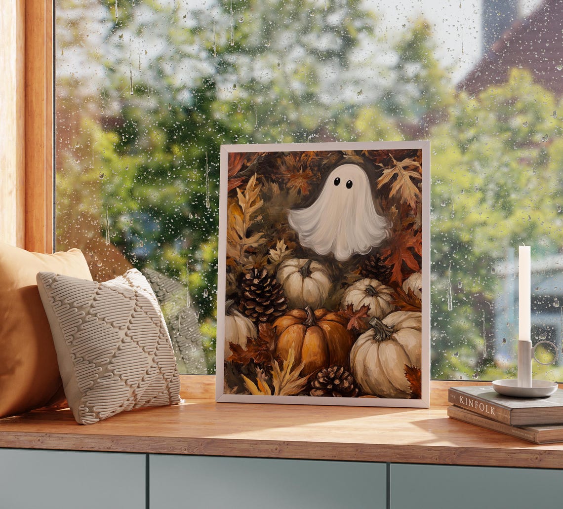 Happy Ghost Surrounded by Pumpkins Pinecones and Fall Leaves Poster - Image 2