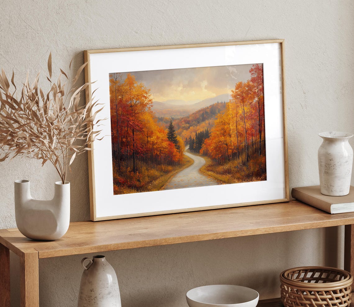 Winding Road Through Red Orange Autumn Woodland Fall Hills Print - Image 4