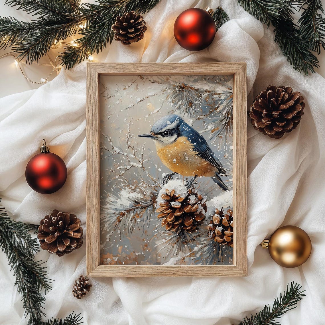 Nuthatch Perched On Snowy Pinecone Frosty Evergreen Bird Art Poster - Image 4