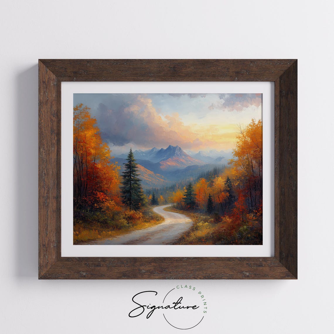 Winding Road Through Autumn Forest Toward Distant Peaks Poster - Image 5