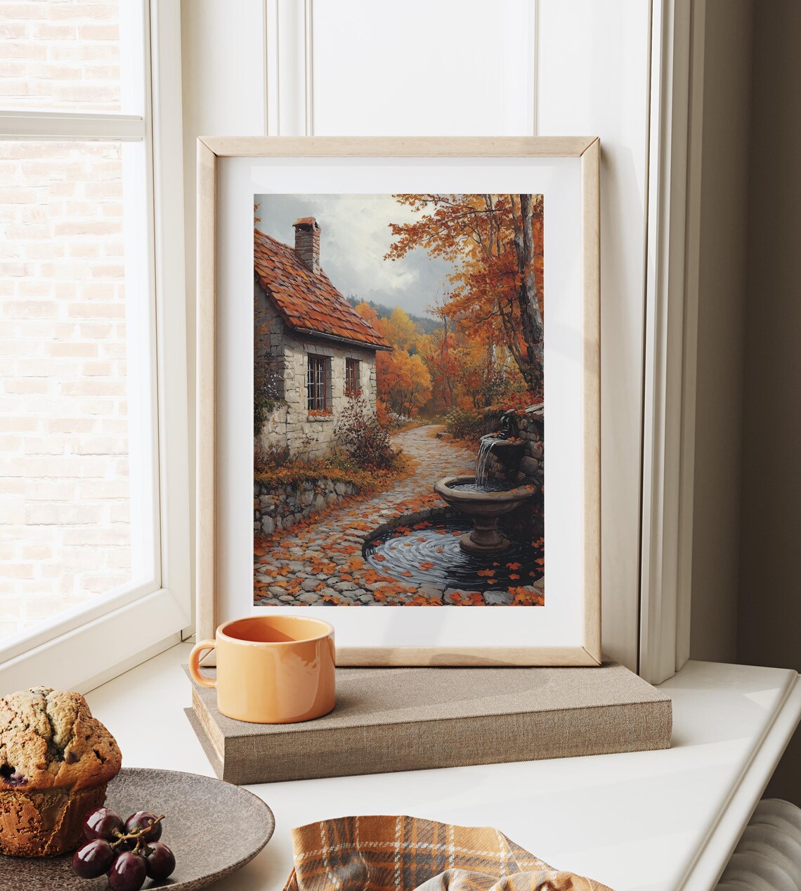 Stone Cottage Red Tile Roof Fountain Autumn Leafy Lane Print - Image 6