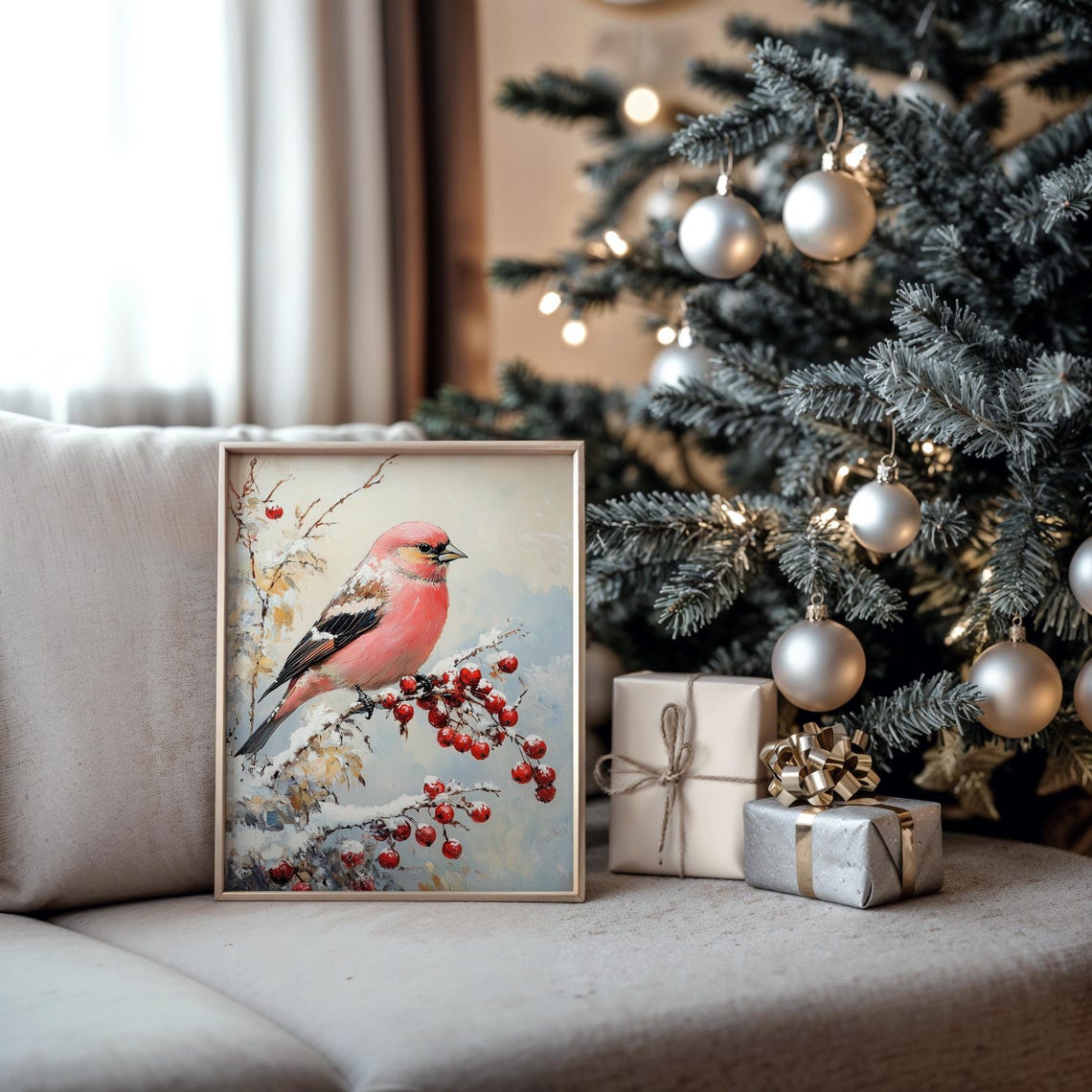 Pine Grosbeak On Snowy Berry Branch Rosy Winter Bird Art Poster - Image 5