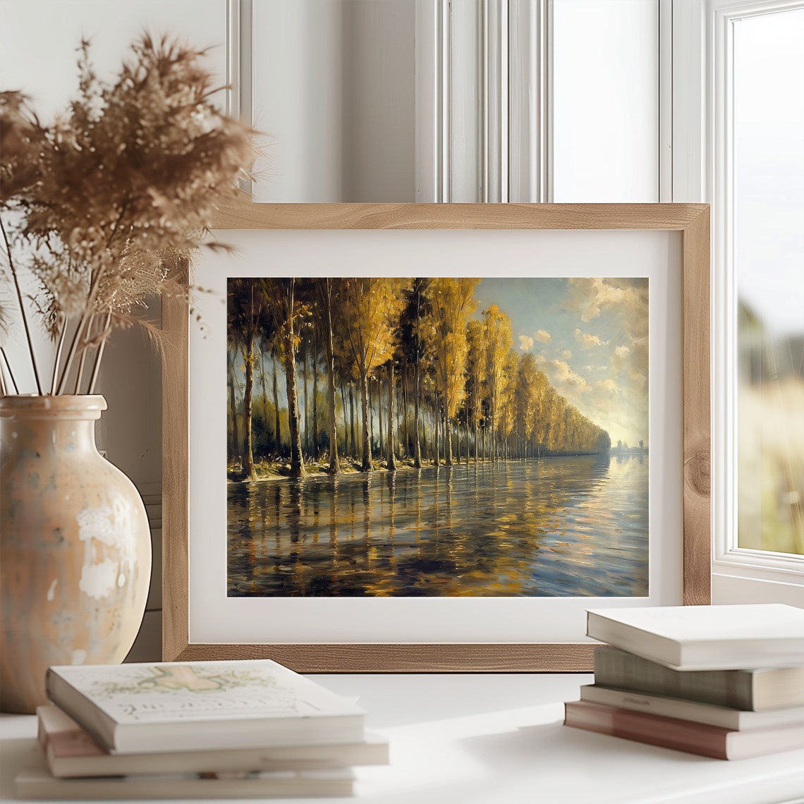 Golden Poplar Trees Reflected in a River Autumn Landscape Poster - Image 2
