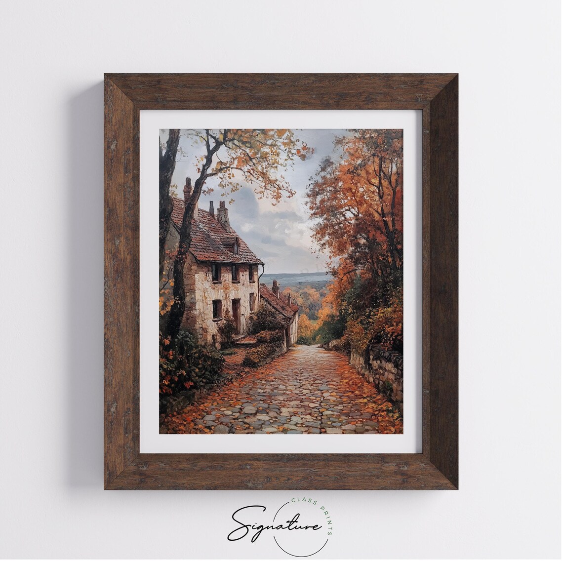 Cobblestone Village Lane Autumn Stone Cottage Fall Landscape Art Poster - Image 4