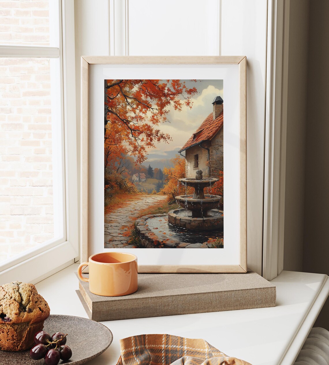 Stone Fountain Courtyard Beside Cottage In Blazing Autumn Trees Poster - Image 6