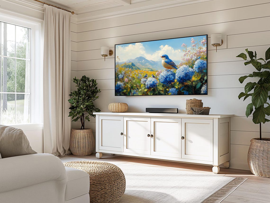 Bluebird Family On Blue Hydrangeas In Mountain Meadow Poster - Image 3