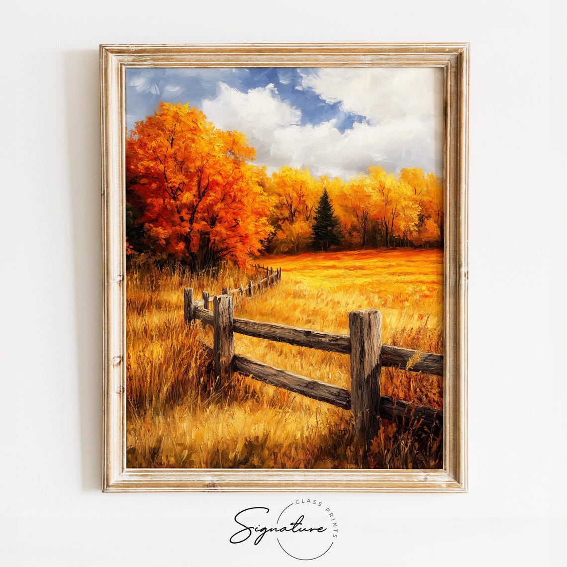Rustic Wooden Fence Autumn Meadow Golden Trees Country Poster