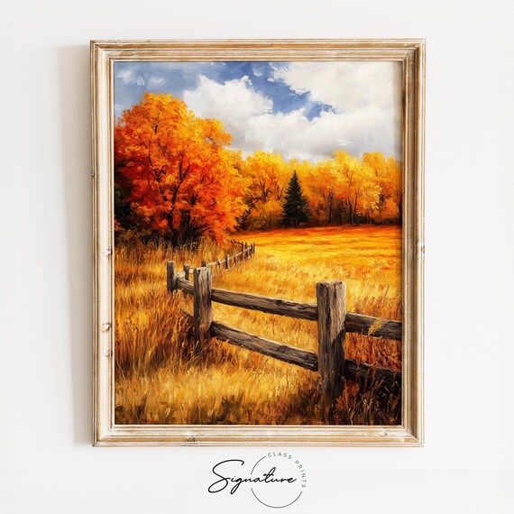 Rustic Wooden Fence Autumn Meadow Golden Trees Country Poster