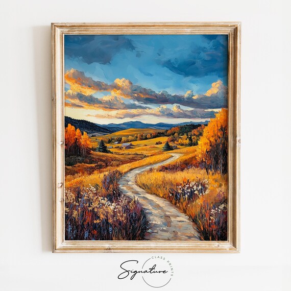 Winding Autumn Path Through Golden Hills Toward Blue Mountains Poster