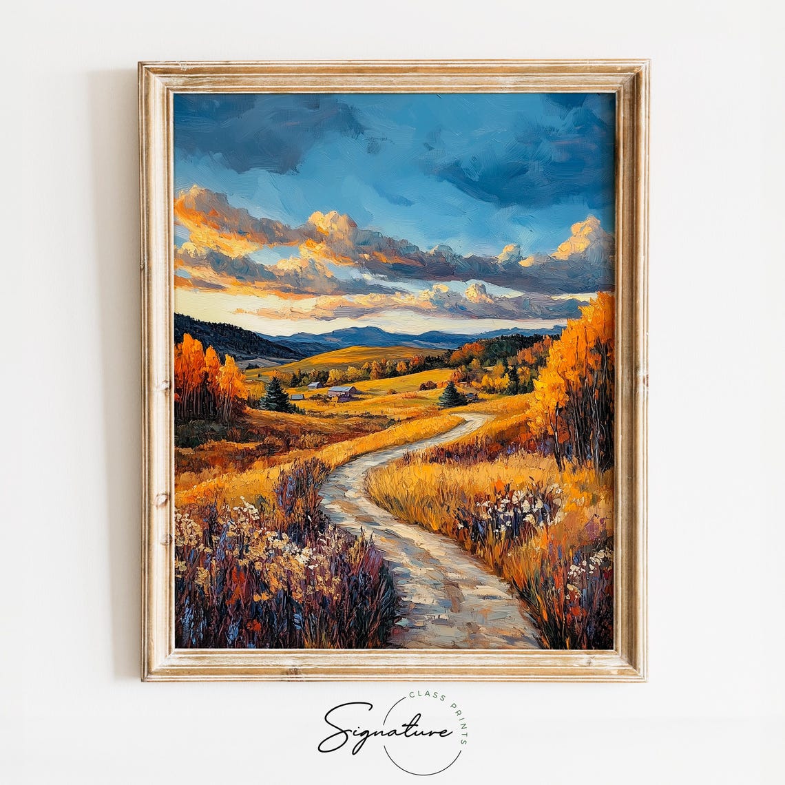 Winding Autumn Path Through Golden Hills Toward Blue Mountains Poster