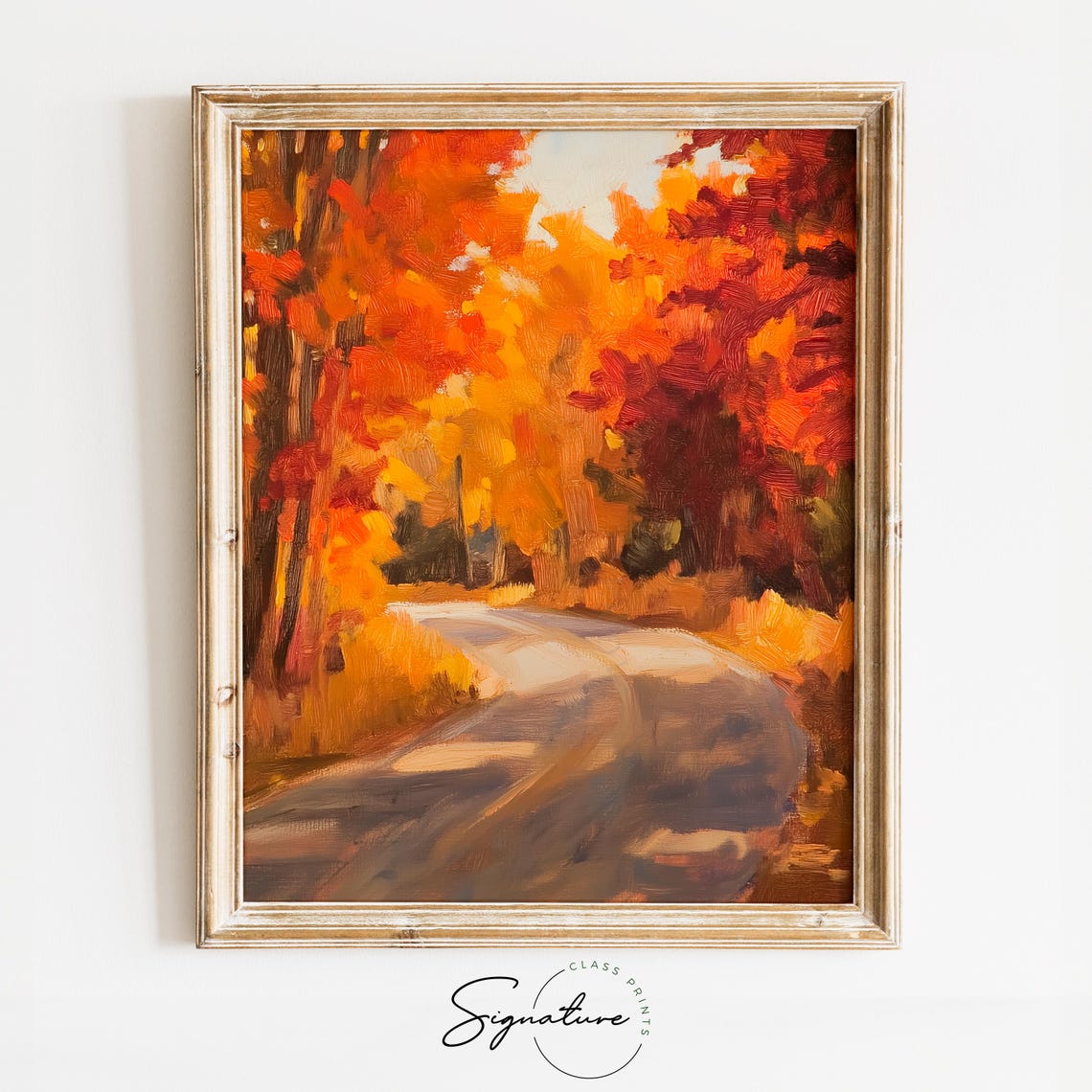 Curving Country Road Through Fiery Orange Autumn Forest Poster